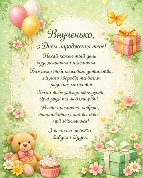 вітання внучці з днем народження листівка, картинка