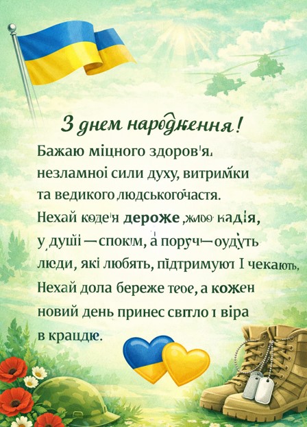 вітання військовому з днем народження листівка