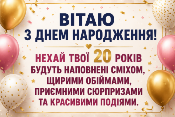 Привітання з днем народження 20 років відкритка